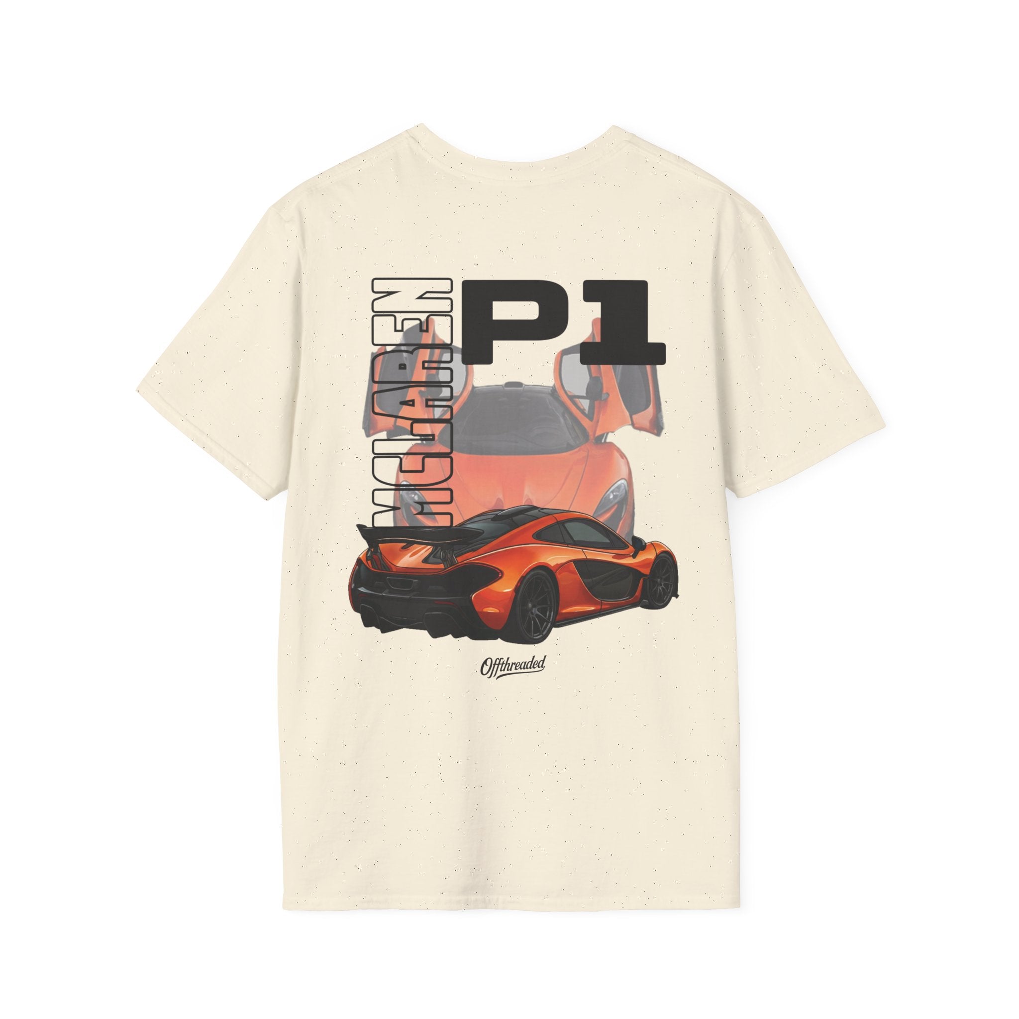 Beige t-shirt with McLaren P1 graphic on a white background