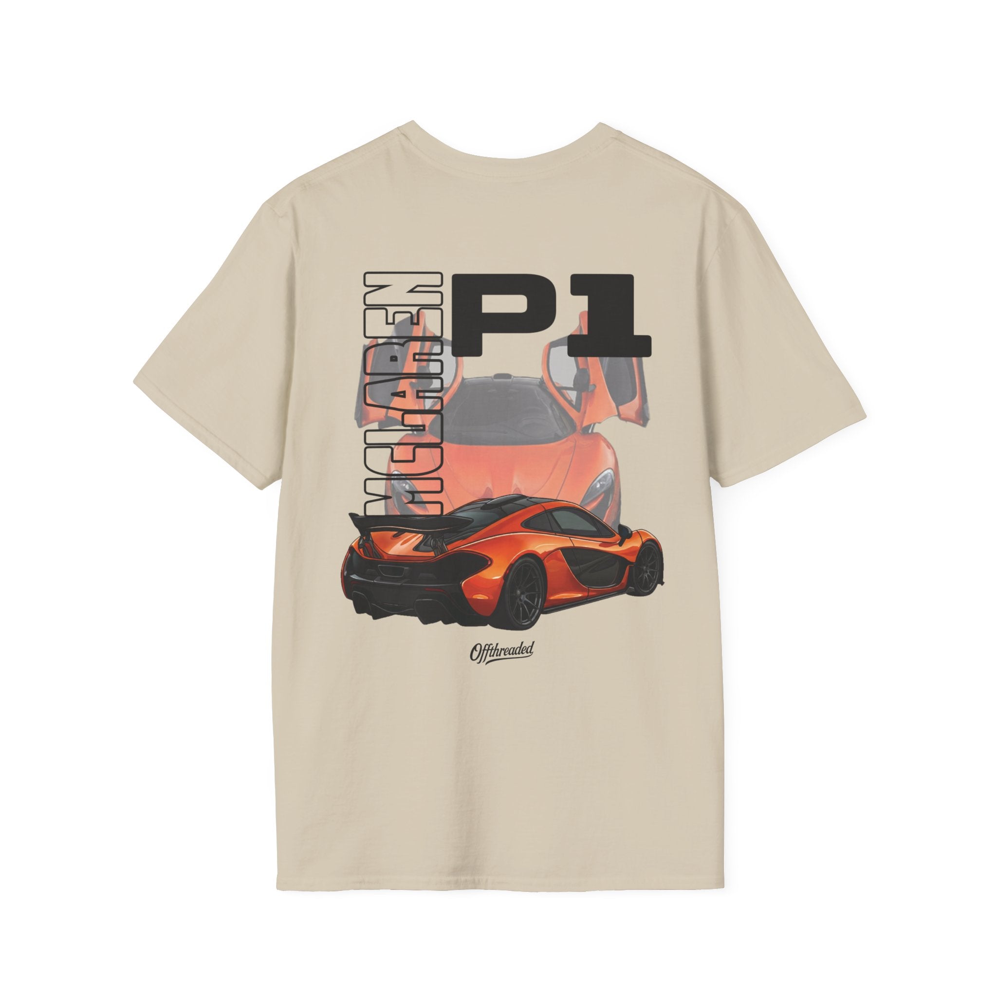 Tan t-shirt with McLaren P1 graphic on a white background