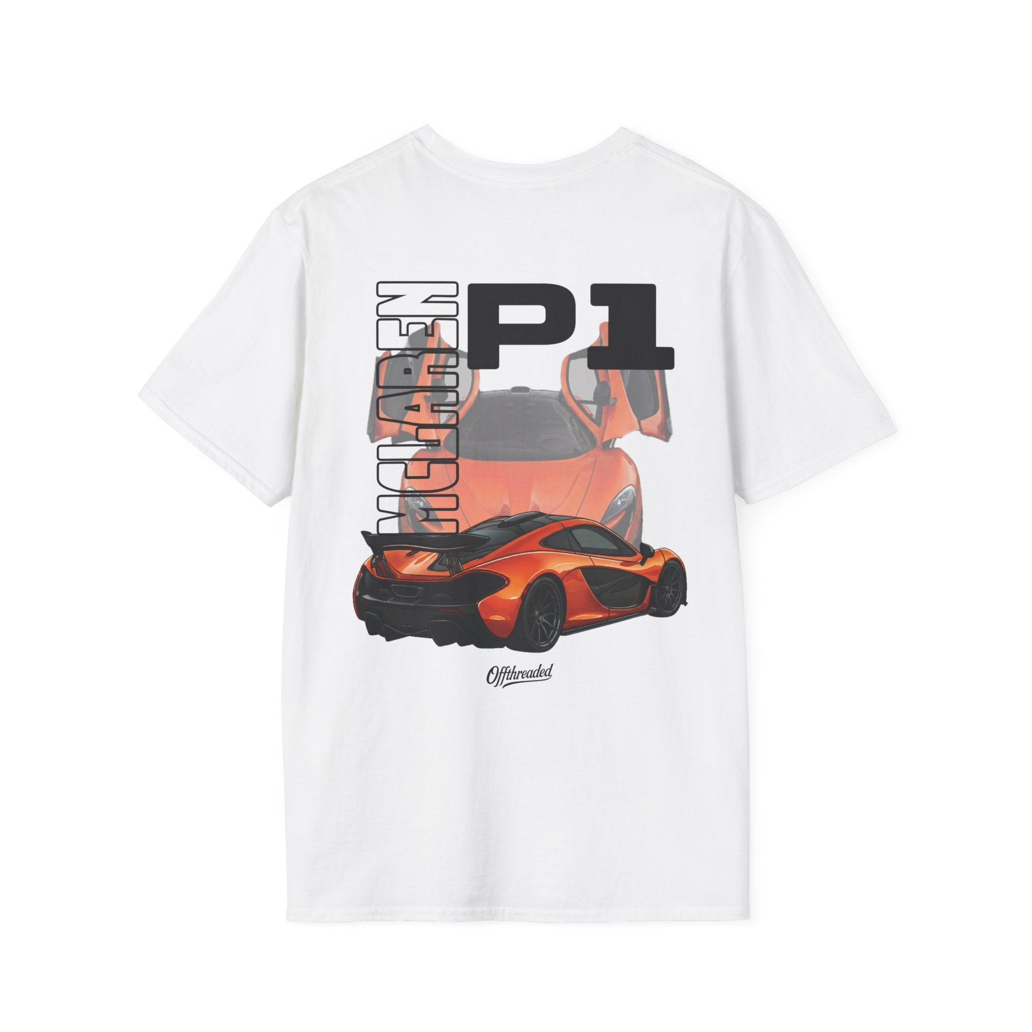 White t-shirt with McLaren P1 graphic on a white background