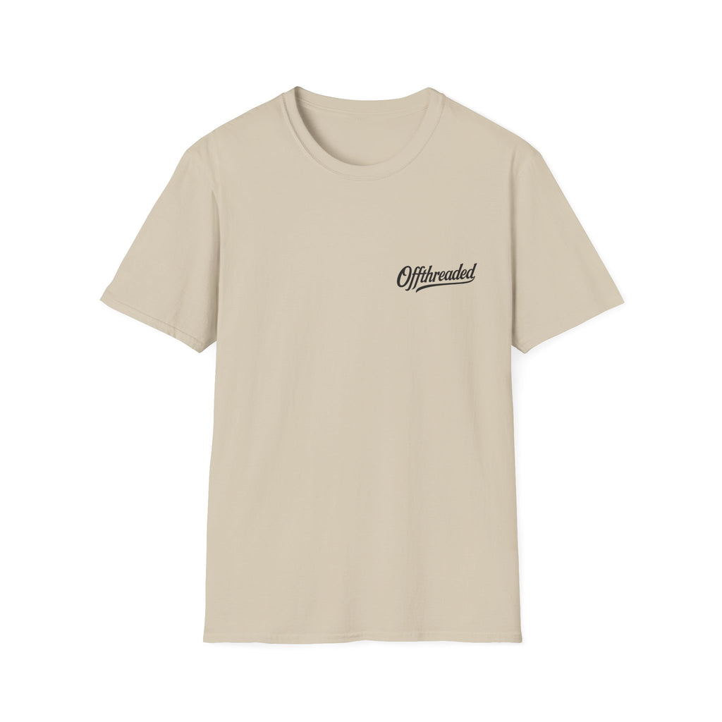 Tan t-shirt with 'Offthreaded' logo on a white background