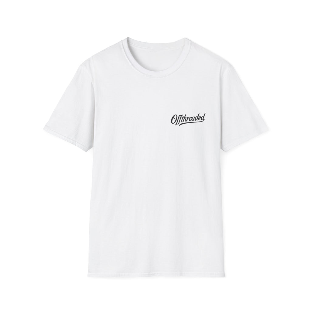White t-shirt with 'Offthreaded' logo on a white background
