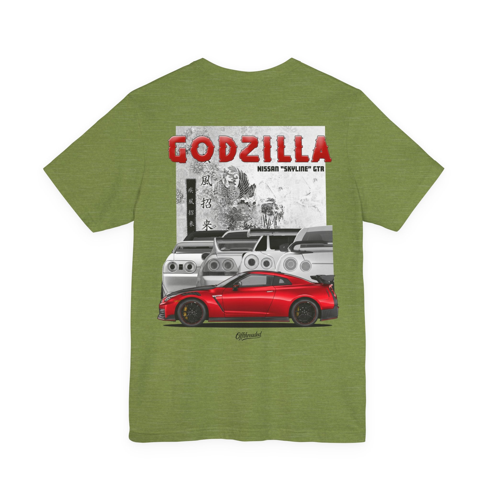 Olive Heather shirt with a Nissan GTR Heritage Design with the R32,R33,R34, and R35 in the background with a red Nissan GTR R35 Nismo