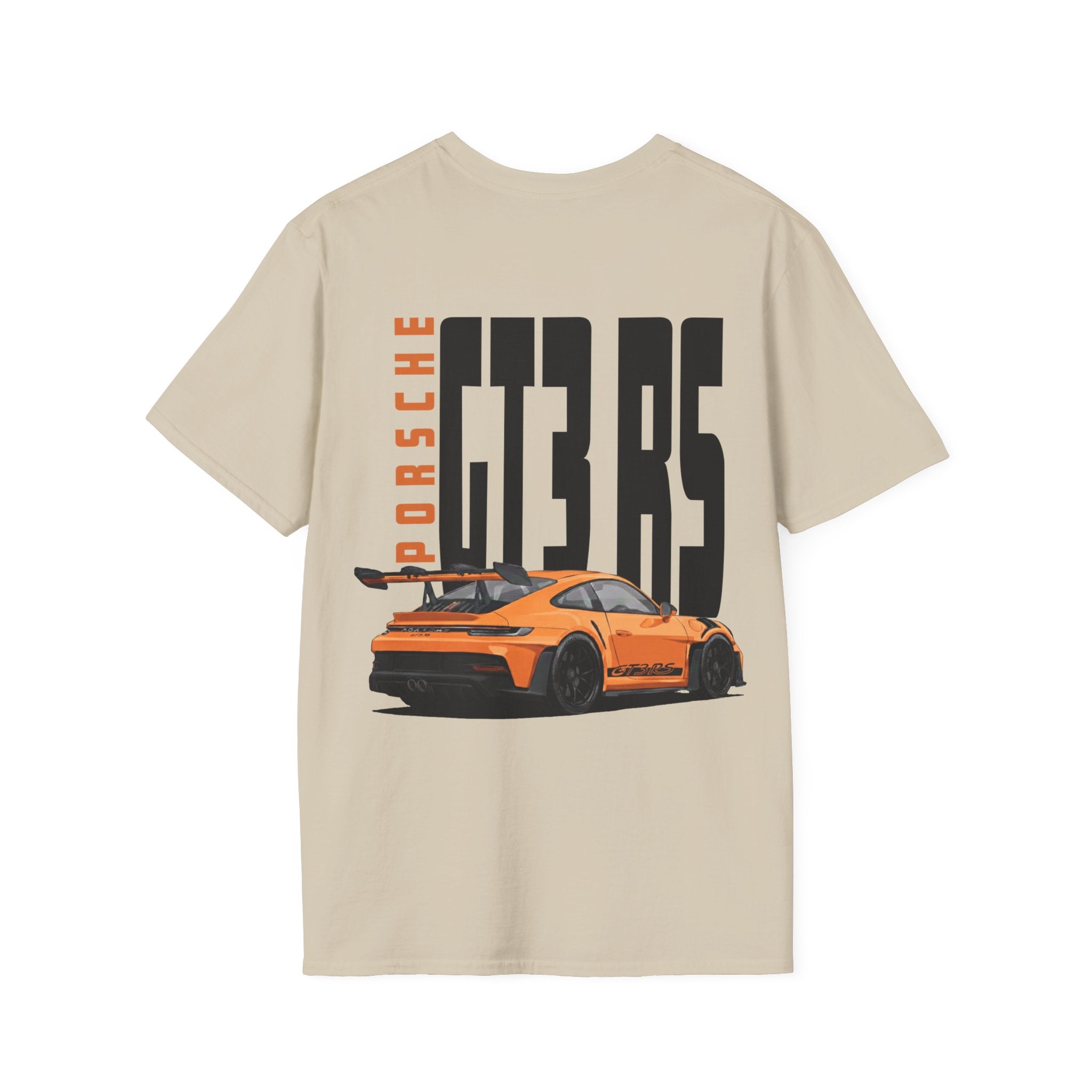 Tan t-shirt with Porsche GT3 RS graphic on a white background