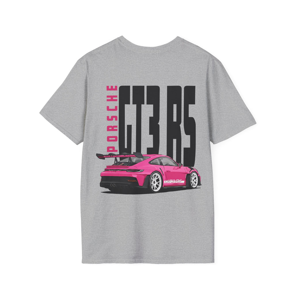 Gray t-shirt with a pink Porsche GT3 RS graphic on a white background