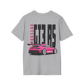 Gray t-shirt with a pink Porsche GT3 RS graphic on a white background