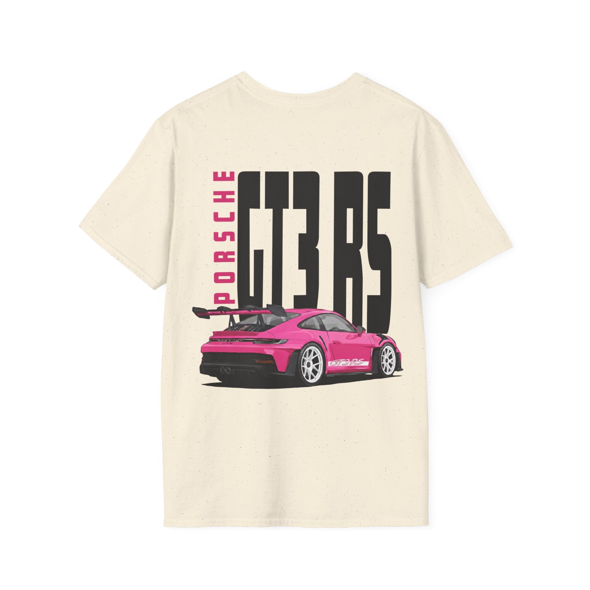 Beige t-shirt with a pink Porsche GT3 RS graphic on a white background