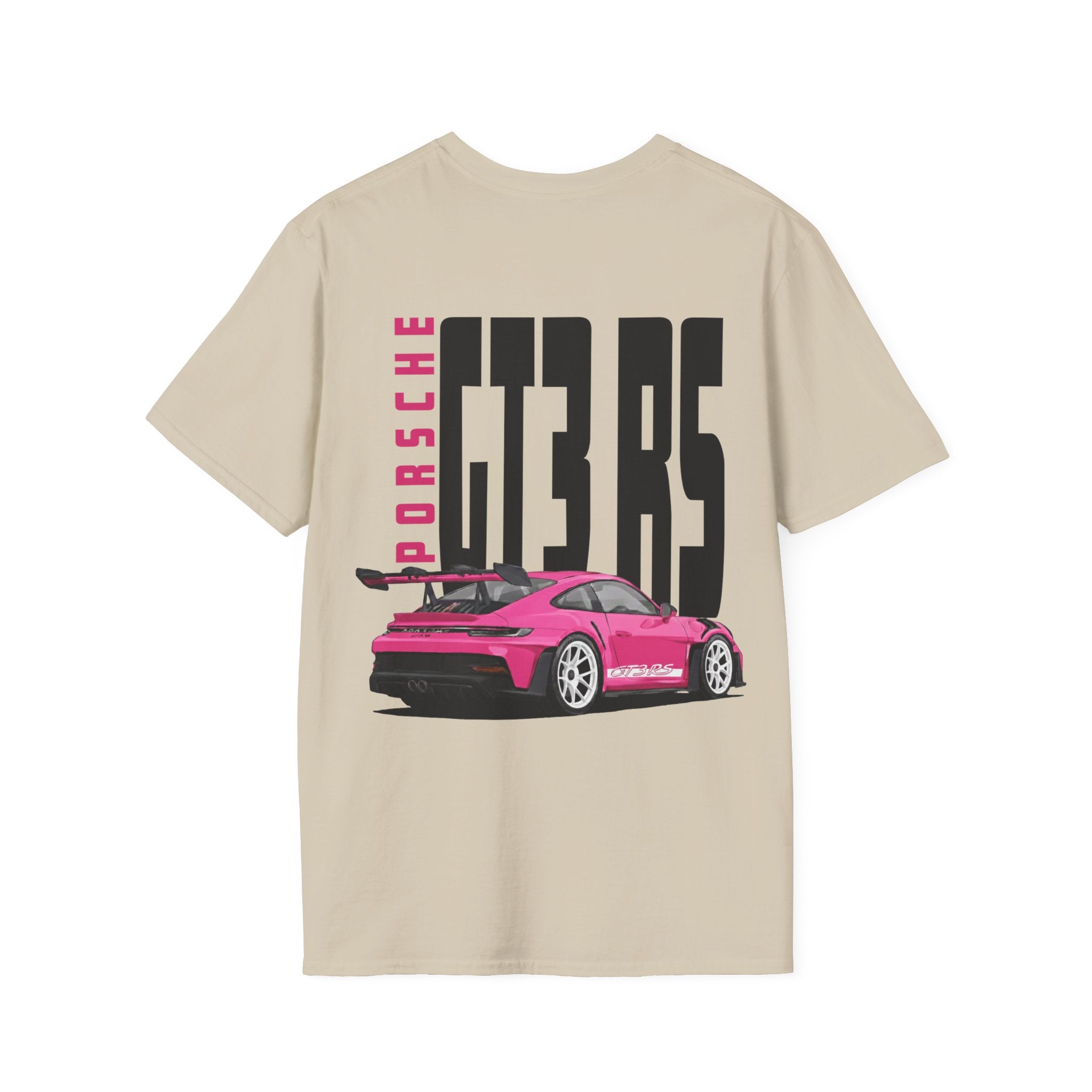Tan t-shirt with a pink Porsche GT3 RS graphic on a white background