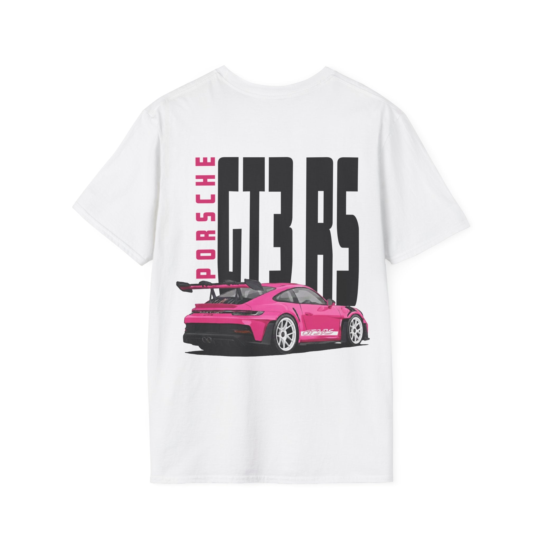 White t-shirt with a pink Porsche GT3 RS graphic on a white background