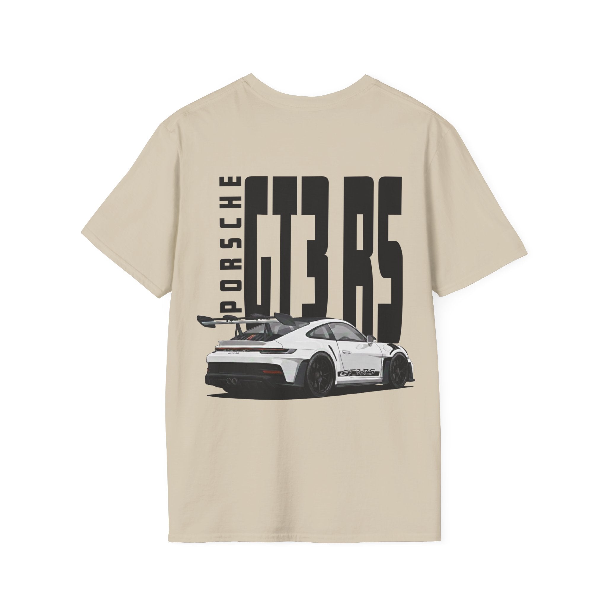 Tan t-shirt with white Porsche GT3 RS with black wheels graphic on a white background