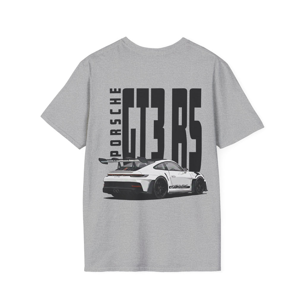 Grey t-shirt with white Porsche GT3 RS with black wheels graphic on a white background