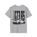 Grey t-shirt with white Porsche GT3 RS with black wheels graphic on a white background