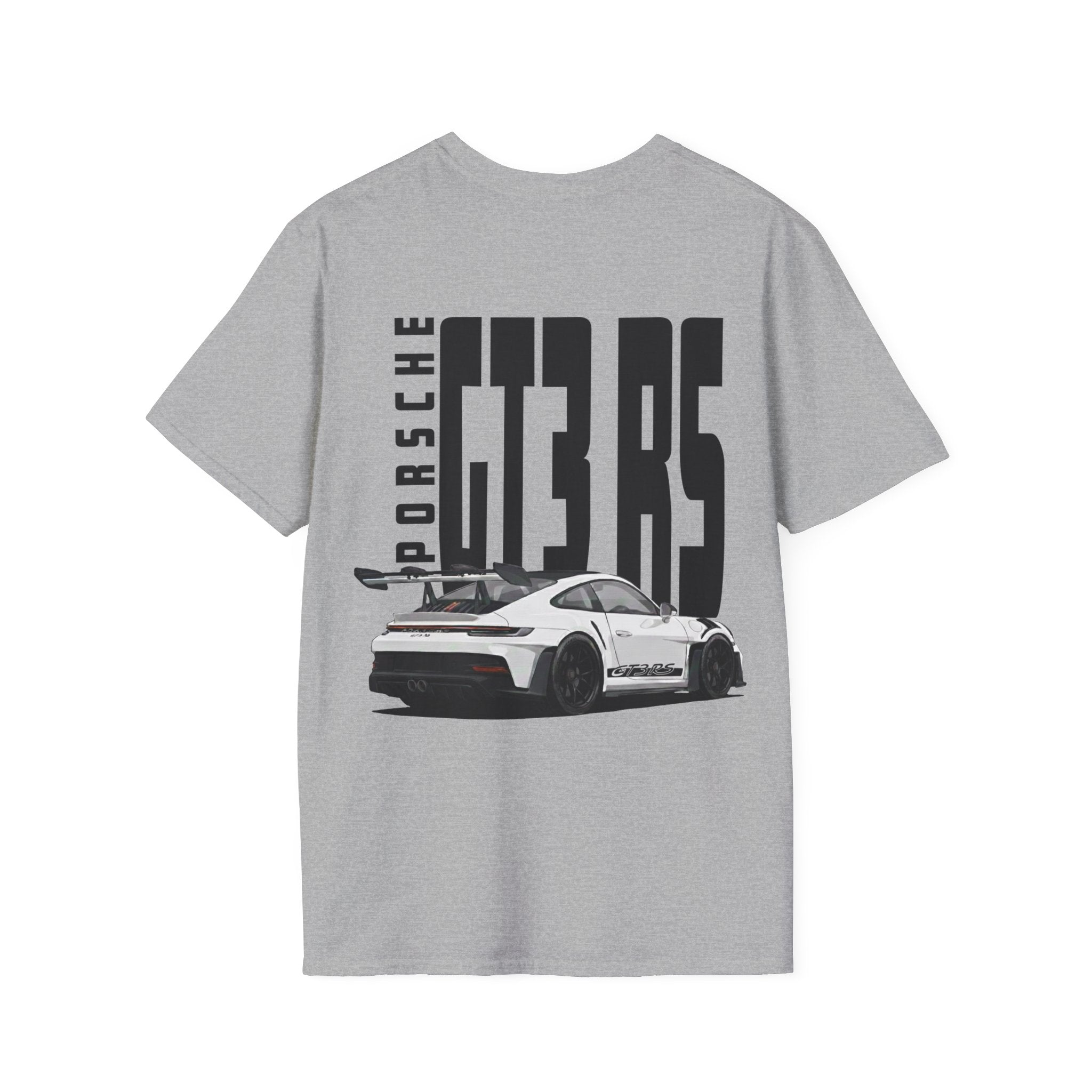 Grey t-shirt with white Porsche GT3 RS with black wheels graphic on a white background