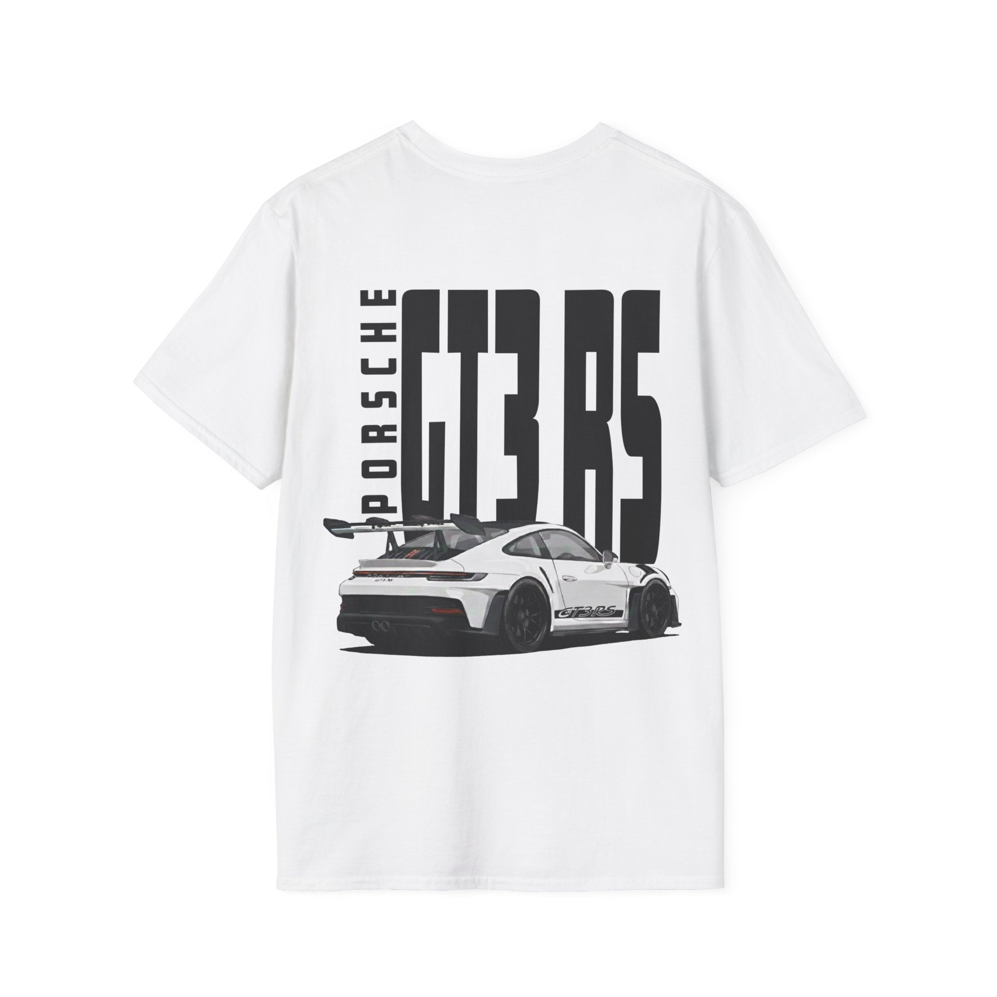 White t-shirt with white Porsche GT3 RS with black wheels graphic on a white background