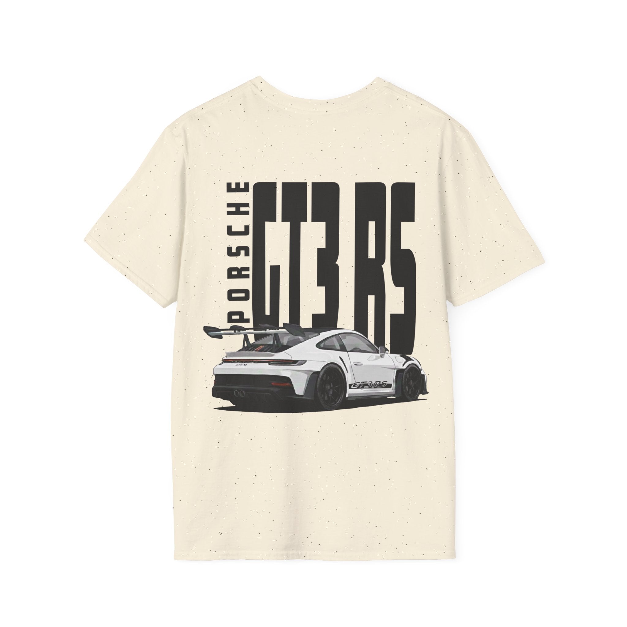 Beige t-shirt with white Porsche GT3 RS with black wheels graphic on a white background