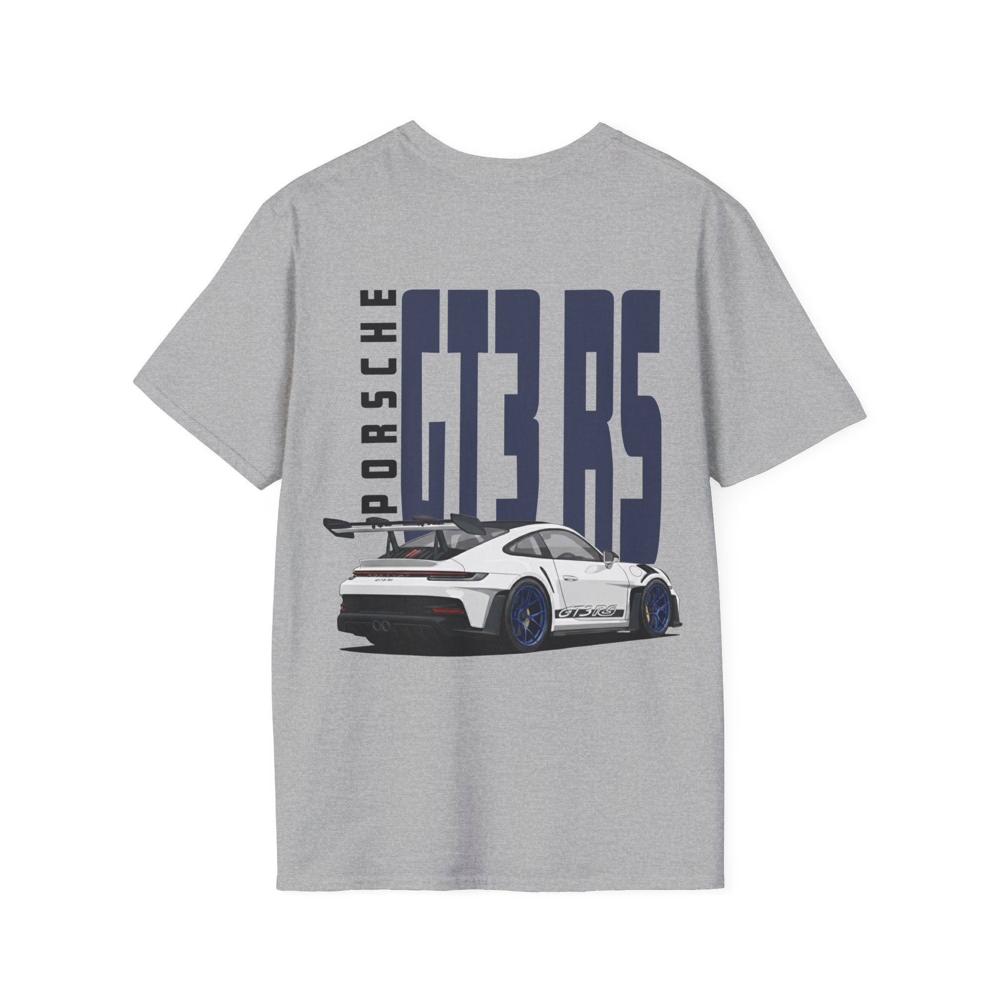 Grey t-shirt with white Porsche GT3 RS with blue wheels graphic on a white background

