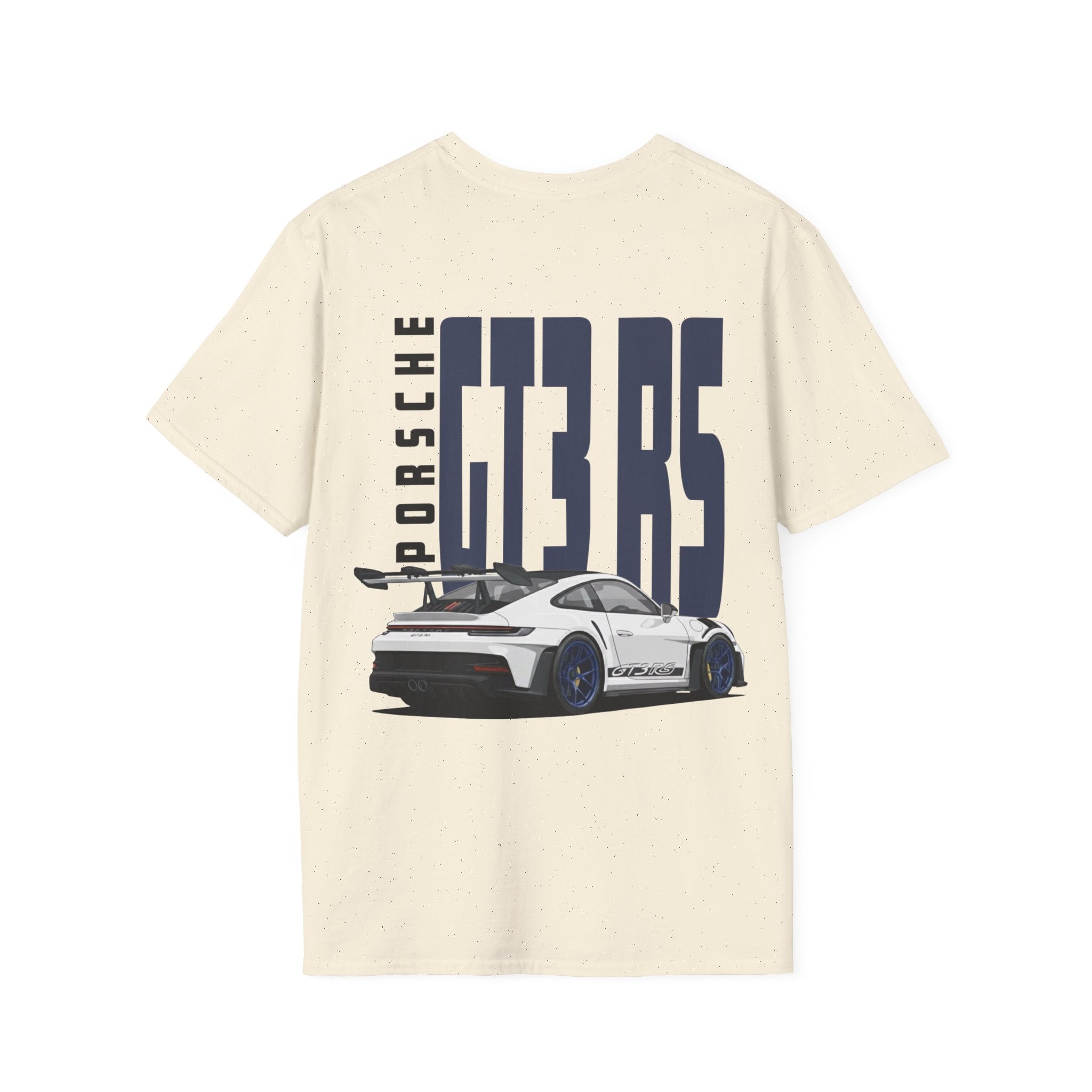 Beige t-shirt with white Porsche GT3 RS with blue wheels graphic on a white background