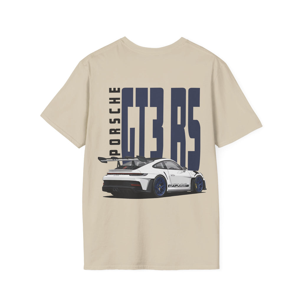 Tan t-shirt with white Porsche GT3 RS with blue wheels graphic on a white background