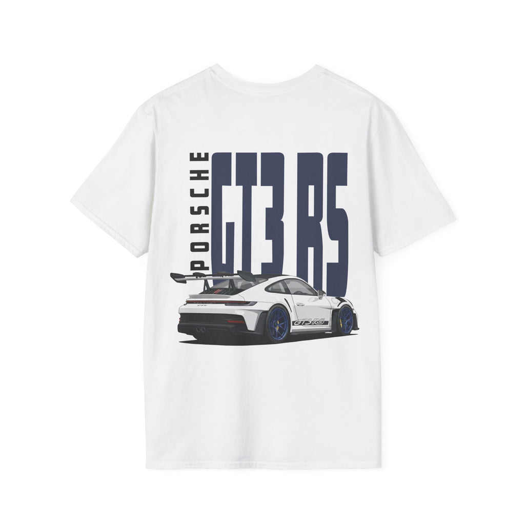 White t-shirt with white Porsche GT3 RS with blue wheels graphic on a white background
