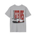Gray t-shirt with White Porsche GT3 RS with red wheels graphic on a white background