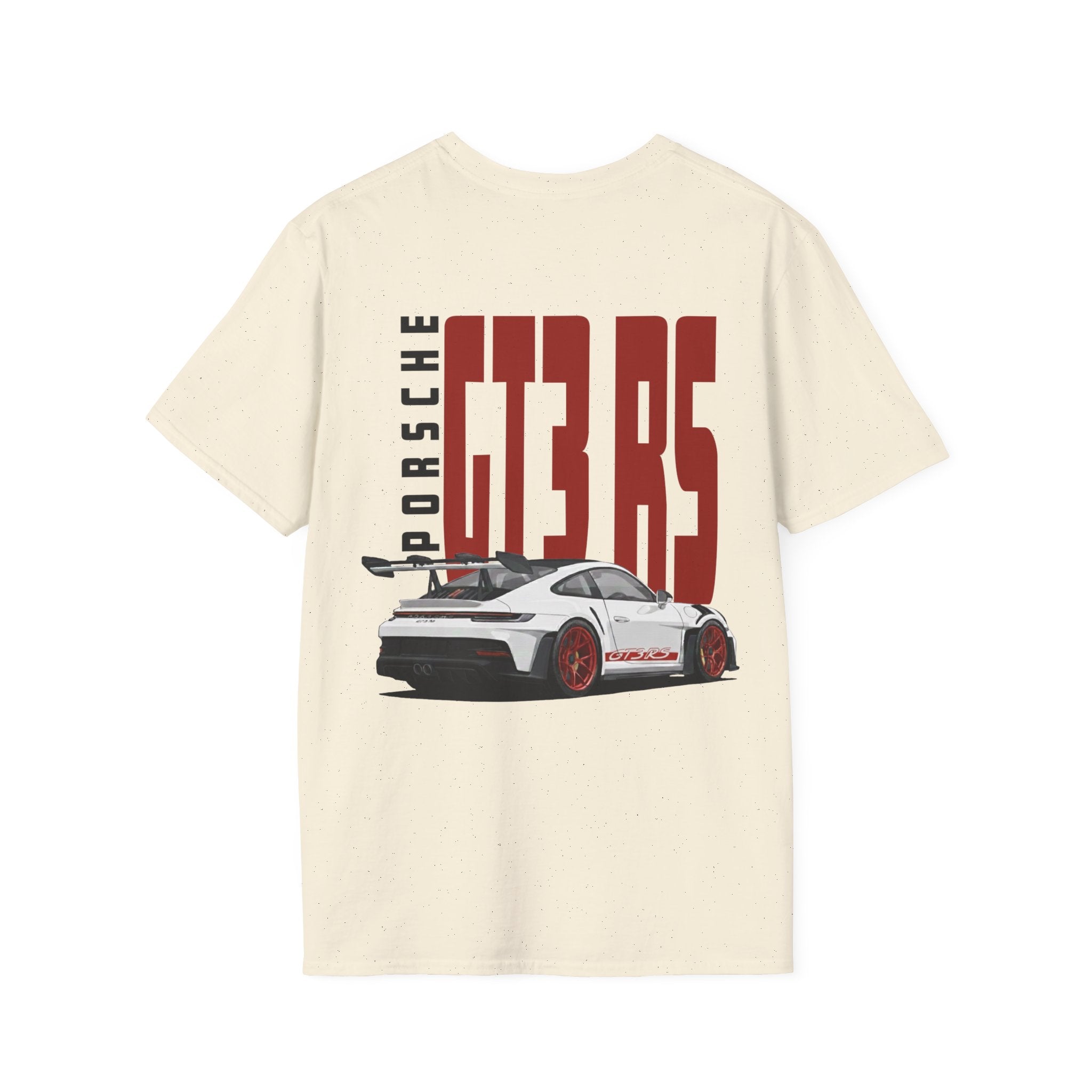 Beige t-shirt with White Porsche GT3 RS with red wheels graphic on a white background