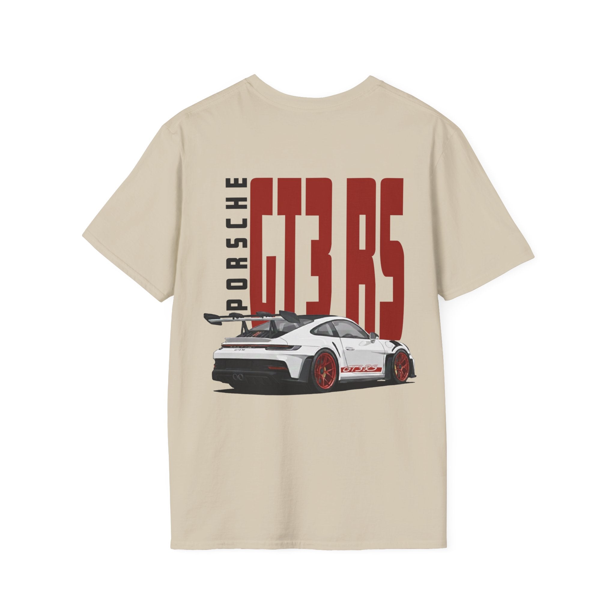 Tan t-shirt with White Porsche GT3 RS with red wheels design on a white background
