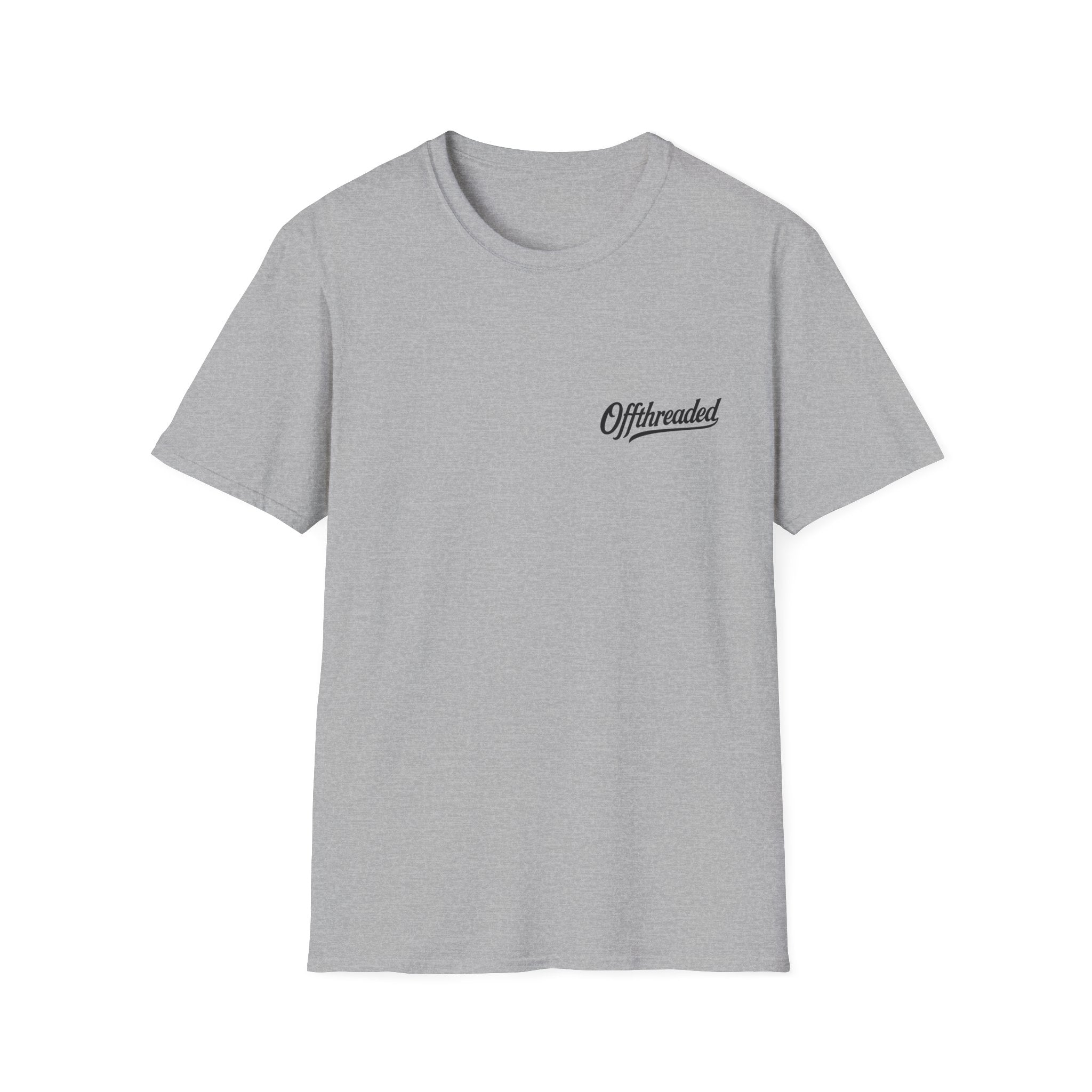 Gray t-shirt with 'Offthreaded' logo on a white background