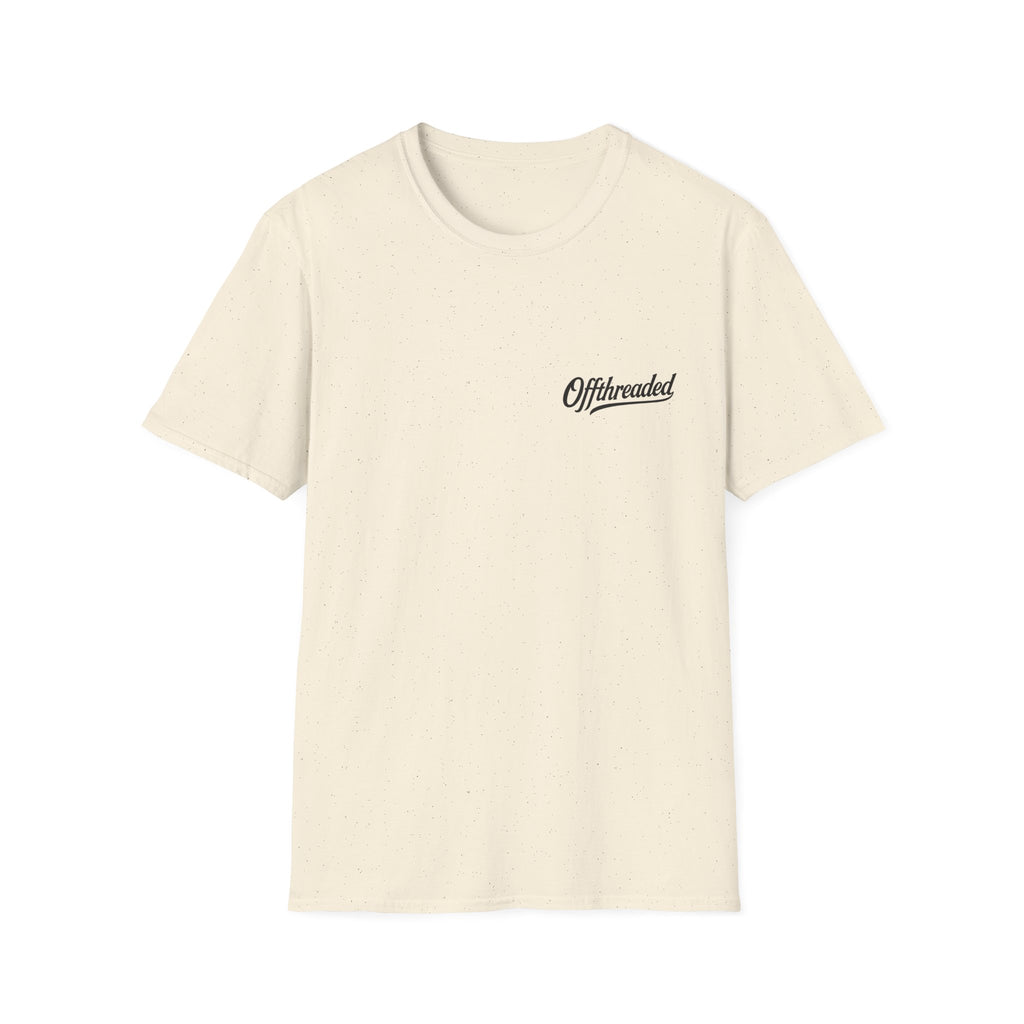 Beige t-shirt with 'Offthreaded' logo on a white background
