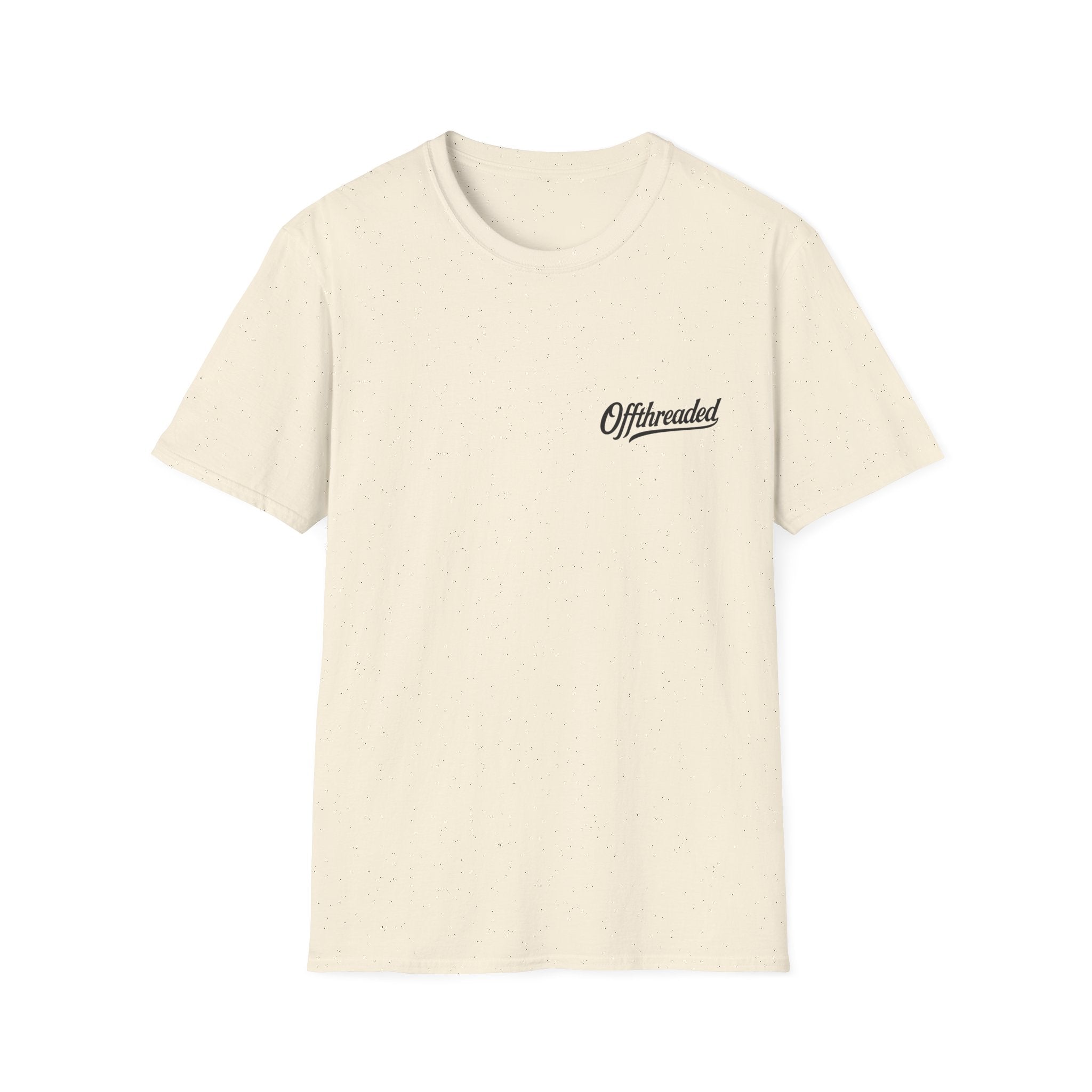 Beige t-shirt with 'Offthreaded' logo on a white background