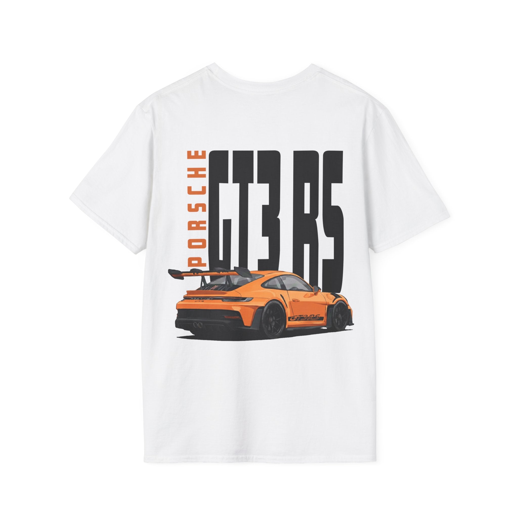 White t-shirt with Porsche GT3 RS graphic on a white background